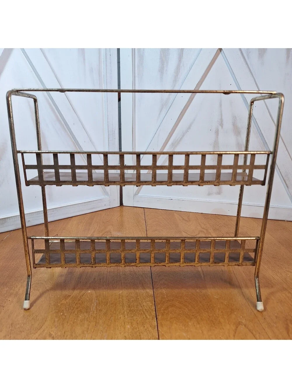 Mid Century 2 Tier Footed Spice Rack Organizer Goldtone Metal 9.5